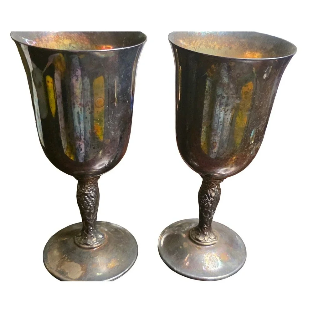 Wine Goblets Pair Silver Plate Engraved Monogram G Vintage Chalices Silver